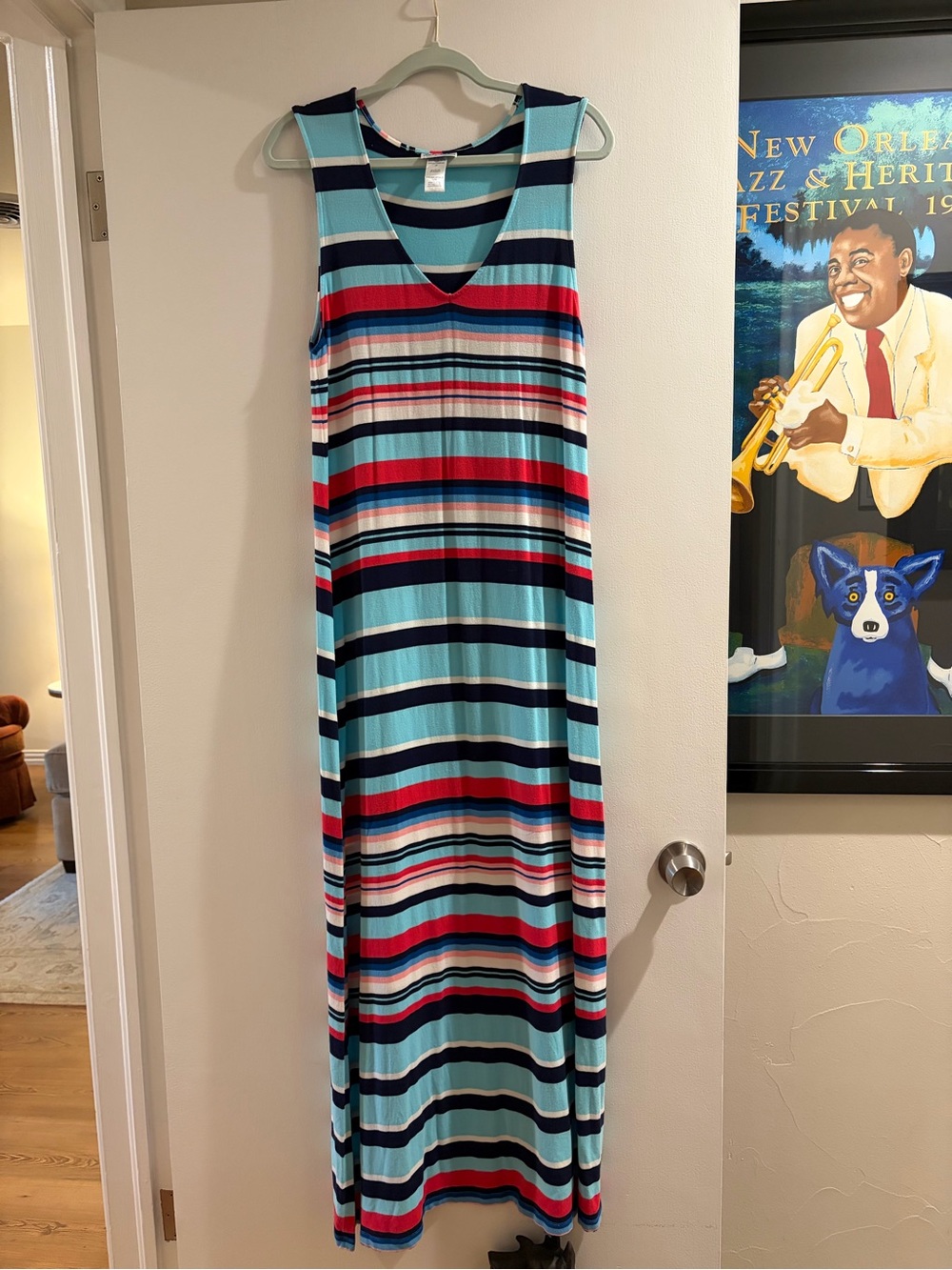 Tommy Bahama Sleeveless Striped Maxi Dress in Aqua, Navy & Red